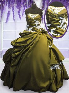 Olive Green Ball Gowns Strapless Sleeveless Taffeta Floor Length Lace Up Appliques and Pick Ups Quinceanera Dress
