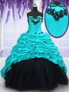 With Train Aqua Blue Quince Ball Gowns Taffeta Sweep Train Sleeveless Appliques and Pick Ups