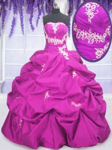 Exquisite Fuchsia Ball Gowns Taffeta Strapless Sleeveless Appliques and Pick Ups Floor Length Lace Up Quince Ball Gowns
