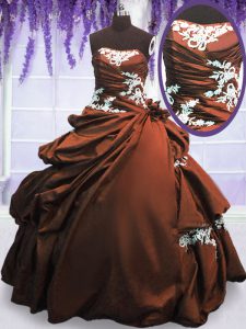 Floor Length Lace Up Quinceanera Gowns Brown for Military Ball and Sweet 16 and Quinceanera with Appliques and Pick Ups