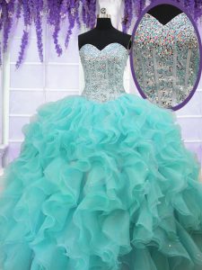 Luxurious Aqua Blue Ball Gown Prom Dress Military Ball and Sweet 16 and Quinceanera with Ruffles and Sequins Sweetheart Sleeveless Lace Up
