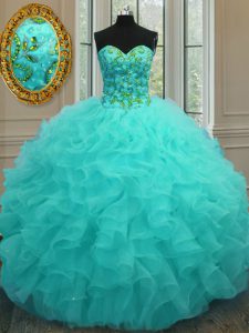 Sleeveless Organza Floor Length Lace Up Quince Ball Gowns in Aqua Blue with Beading and Ruffles