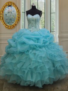 Dynamic Sweetheart Sleeveless Quinceanera Gowns Floor Length Beading and Pick Ups Baby Blue Organza