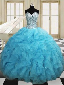 Deluxe Organza Sweetheart Sleeveless Lace Up Beading and Ruffles Sweet 16 Dresses in Baby Blue