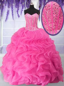 Fine Hot Pink Organza Lace Up Quinceanera Dresses Sleeveless Floor Length Beading and Ruffles