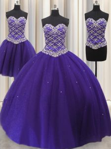 Three Piece Purple Quinceanera Gowns Military Ball and Sweet 16 and Quinceanera with Beading and Sequins Sweetheart Sleeveless Lace Up