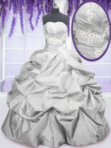 Pick Ups Strapless Sleeveless Lace Up Quinceanera Dresses Silver Taffeta