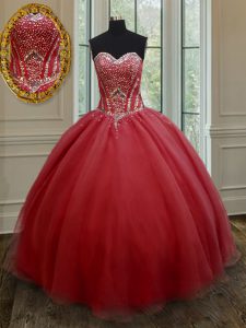 Red Lace Up Sweetheart Beading Quinceanera Gown Organza Sleeveless