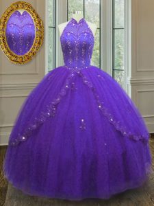 Fabulous Purple Lace Up Quince Ball Gowns Beading and Appliques Sleeveless Floor Length