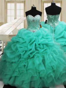 Beading and Pick Ups Ball Gown Prom Dress Apple Green Lace Up Sleeveless Floor Length