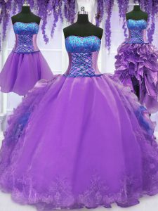 Four Piece Ball Gowns 15th Birthday Dress Lavender Strapless Organza Sleeveless Floor Length Lace Up