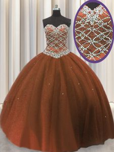 Brown Tulle Lace Up Ball Gown Prom Dress Sleeveless Floor Length Beading and Sequins