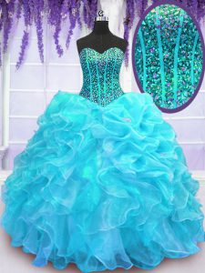 Organza Sweetheart Sleeveless Lace Up Beading and Ruffles and Pick Ups 15th Birthday Dress in Aqua Blue