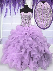 Noble Lavender Sweetheart Neckline Beading and Ruffles Quinceanera Gowns Sleeveless Lace Up