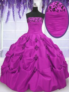 Affordable Fuchsia Strapless Lace Up Embroidery and Pick Ups Sweet 16 Dresses Sleeveless