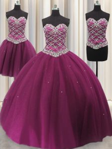 Best Selling Three Piece Fuchsia Sleeveless Floor Length Beading and Sequins Lace Up Sweet 16 Quinceanera Dress