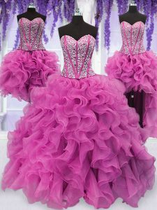 Glamorous Four Piece Lilac Ball Gowns Organza Sweetheart Sleeveless Ruffles and Sequins Floor Length Lace Up Quinceanera Dresses