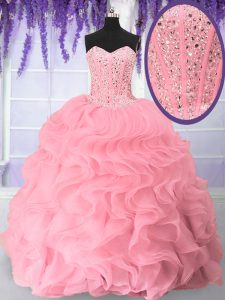 Artistic Pink Organza Lace Up Vestidos de Quinceanera Sleeveless Floor Length Beading and Ruffles