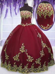Strapless Sleeveless Sweet 16 Dresses Floor Length Appliques Red Tulle