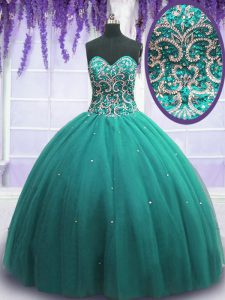 Turquoise Ball Gowns Tulle Sweetheart Sleeveless Beading Floor Length Lace Up 15th Birthday Dress