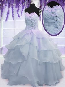 Sweetheart Sleeveless Quinceanera Dresses Floor Length Ruffled Layers and Ruching and Hand Made Flower Light Blue Organza