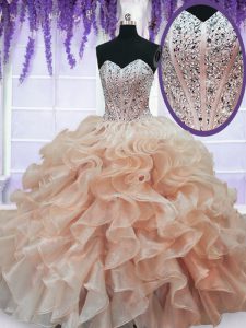 Custom Made Peach Sleeveless Beading and Ruffles Floor Length Sweet 16 Quinceanera Dress
