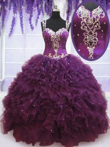 Purple Ball Gowns Tulle Straps Sleeveless Beading and Ruffles Floor Length Zipper Ball Gown Prom Dress