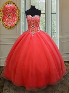 Stylish Coral Red Sweetheart Lace Up Beading 15th Birthday Dress Sleeveless