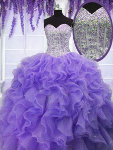 Organza Sweetheart Sleeveless Lace Up Ruffles and Sequins 15 Quinceanera Dress in Lavender