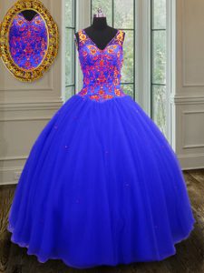 Sequins Floor Length Royal Blue Quinceanera Dress V-neck Sleeveless Zipper