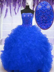 Comfortable Beading and Ruffles Quinceanera Dresses Royal Blue Lace Up Sleeveless With Brush Train