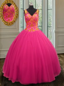 Glittering Floor Length Zipper Sweet 16 Dresses Hot Pink for Military Ball and Sweet 16 and Quinceanera with Beading