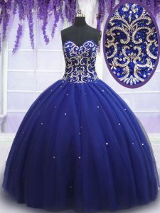 Affordable Royal Blue Ball Gowns Sweetheart Sleeveless Tulle Floor Length Lace Up Beading Quinceanera Gown