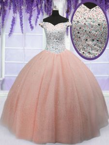 Peach Lace Up Off The Shoulder Beading Quinceanera Gown Tulle Short Sleeves