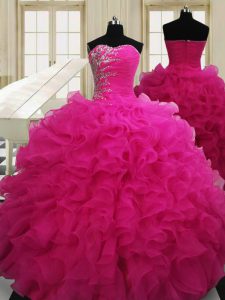 Dramatic Hot Pink Sweetheart Zipper Beading Quinceanera Dresses Sleeveless