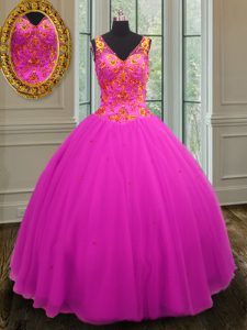Captivating Fuchsia Ball Gowns Tulle V-neck Sleeveless Beading Floor Length Zipper Vestidos de Quinceanera