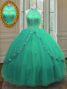 Turquoise Lace Up Vestidos de Quinceanera Beading and Appliques Sleeveless Floor Length