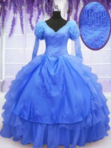 Glamorous Blue Ball Gowns One Shoulder Long Sleeves Organza Floor Length Lace Up Beading and Embroidery and Hand Made Flower Vestidos de Quinceanera