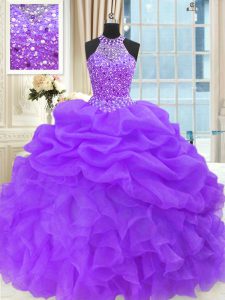 Organza High-neck Sleeveless Lace Up Beading and Pick Ups Quinceanera Dress in Purple