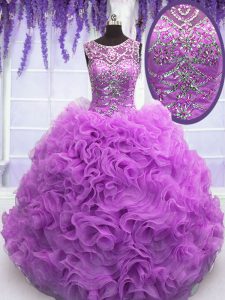 High End Scoop Beading and Ruffles Quinceanera Dresses Lilac Lace Up Sleeveless Floor Length