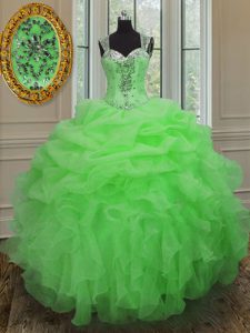 Straps Floor Length Quinceanera Gown Organza Sleeveless Beading and Ruffles