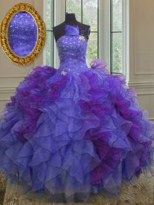 Multi-color Ball Gowns Halter Top Sleeveless Organza Floor Length Lace Up Beading and Ruffles Vestidos de Quinceanera