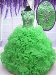 Traditional Scoop Green Organza Lace Up Sweet 16 Quinceanera Dress Sleeveless Floor Length Beading and Ruffles