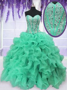 Turquoise Organza Lace Up Sweetheart Sleeveless Floor Length 15 Quinceanera Dress Beading and Ruffles