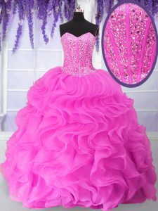 Inexpensive Fuchsia Sleeveless Floor Length Beading and Ruffles Lace Up 15th Birthday Dress