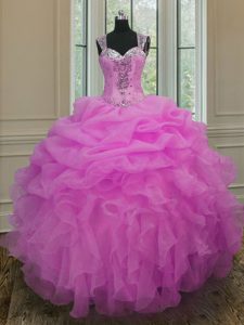 Wonderful Lilac Ball Gowns Straps Sleeveless Organza Floor Length Zipper Beading and Ruffles 15th Birthday Dress