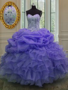 Lavender Sweetheart Lace Up Beading and Ruffles and Pick Ups Quince Ball Gowns Sleeveless