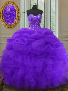Classical Beading and Ruffles and Pick Ups 15 Quinceanera Dress Purple Lace Up Sleeveless Floor Length