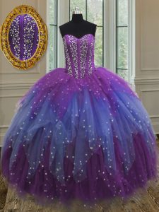 Fine Floor Length Lace Up Sweet 16 Dresses Multi-color for Military Ball and Sweet 16 and Quinceanera with Beading and Ruffles and Sequins