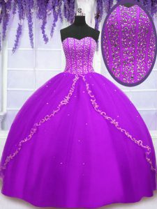 Purple Ball Gowns Beading and Sequins Quince Ball Gowns Lace Up Tulle Sleeveless Floor Length